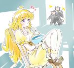  1girl bear blonde_hair bowl eating helpyourselfish long_hair rwby spoon thigh-highs ursa_(rwby) violet_eyes yang_xiao_long 