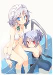  2girls ass bat_wings bikini blue_eyes blue_hair blush braid breasts competition_swimsuit izayoi_sakuya looking_at_viewer maid_headdress multiple_girls navel one-piece_swimsuit pointy_ears pool pool_ladder red_eyes remilia_scarlet satou_kibi short_hair silver_hair slit_pupils small_breasts smile swimming swimsuit touhou twin_braids wings wrist_cuffs 