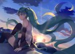  1girl alexmaster aqua_eyes aqua_hair bare_shoulders black_legwear clouds detached_sleeves from_side hatsune_miku highres jpeg_artifacts long_hair looking_at_viewer necktie sitting skirt sky sleeveless smile solo sunlight sunset thigh-highs twintails very_long_hair vocaloid 