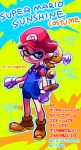  1boy blue_eyes brown_hair character_profile cosplay domino_mask english f.l.u.d.d. gloves hat inkling mario mario_(cosplay) super_mario_bros. nintendo official_art overalls pointy_ears ponytail splatoon super_mario_bros. tentacle_hair translation_request white_gloves 