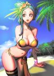  1girl beach bikini bird blue_hair breasts chicken cleavage collarbone egg food fruit large_breasts long_hair looking_away navel navel_piercing open_mouth original palm_tree peach piercing rak_(kuraga) red_eyes sarong side-tie_bikini single_thighhigh skindentation solo striped striped_legwear swimsuit tattoo teeth thigh-highs tree wrist_cuffs 