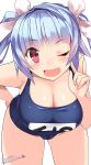  1girl 2015 ;d bent_over blush breasts cleavage dated fang hair_ribbon hand_on_hip highres i-19_(kantai_collection) index_finger_raised kantai_collection kuro_chairo_no_neko large_breasts lavender_hair long_hair looking_at_viewer name_tag old_school_swimsuit one-piece_swimsuit one_eye_closed open_mouth paw_print pink_eyes pink_ribbon ribbon school_swimsuit simple_background skindentation smile solo star swimsuit tri_tails twitter_username white_background 