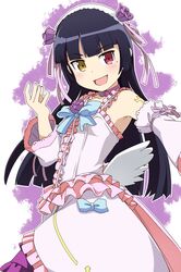  1girl bare_shoulders black_hair blush detached_sleeves dress flower frills gokou_ruri gothic_lolita hair_flower hair_ornament hairband hayasit heterochromia highres lolita_fashion long_hair looking_at_viewer mole open_mouth ore_no_imouto_ga_konna_ni_kawaii_wake_ga_nai red_eyes smile solo wings yellow_eyes 