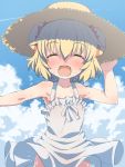  1girl bare_shoulders blonde_hair blush closed_eyes double_bun dress hat open_mouth pic_k smile solo straw_hat sundress sweat viprpg 