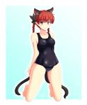  1girl alternate_costume animal_ears barefoot blush braid breasts cat_ears cat_tail extra_ears gomi_(gomitin) kaenbyou_rin large_breasts looking_at_viewer multiple_tails pointy_ears red_eyes redhead school_swimsuit simple_background smile solo swimsuit tail touhou twin_braids 