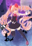  1girl ange_vierge bat bat_wings black_legwear blonde_hair fang full_moon highres long_hair looking_at_viewer maru-pen moon neck_ribbon open_mouth original ribbon shoes skirt solo staff thigh-highs twintails violet_eyes wings wrist_cuffs zettai_ryouiki 