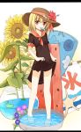  1girl adapted_costume barefoot blonde_hair feet_in_water flower hat hibiscus mouth_hold popsicle red_eyes rumia soaking_feet solo summer sunflower touhou water yuuhagi_(amaretto-no-natsu) 