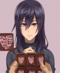  1girl black_eyes black_hair blush chocolate jonasan long_hair looking_at_viewer original pov purple_background simple_background solo translation_request valentine 