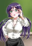  1girl alternate_costume bespectacled black_skirt breasts chalkboard glasses green_eyes hand_on_hip kasugano_tobari long_hair looking_at_viewer love_live!_school_idol_project open_mouth purple_hair skirt solo toujou_nozomi twintails unbuttoned white_blouse 