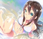  1girl arm_support bikini breasts brown_hair cleavage from_above front-tie_top green_eyes haruichi idolmaster idolmaster_cinderella_girls long_hair looking_at_viewer looking_up navel shibuya_rin sitting smile solo swimsuit water wet white_bikini white_swimsuit 