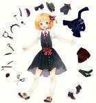  1girl adapted_costume blonde_hair clothes hair_ribbon highres murani open_mouth red_eyes ribbon rumia short_hair solo stationery touhou white_background 