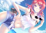 1girl bare_arms belt blush bra breasts camisole cleavage clouds dutch_angle gorua_(youce01) holding long_hair looking_at_viewer love_live!_school_idol_project midriff navel nishikino_maki pink_eyes redhead short_shorts shorts solo sunglasses underwear 