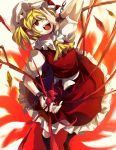  1girl :d @_@ ascot black_legwear blonde_hair covering_one_eye crazy cuffs eredhen flandre_scarlet hat kneehighs mob_cap open_mouth puffy_short_sleeves puffy_sleeves red_eyes short_hair short_sleeves side_ponytail skirt skirt_set smile solo touhou wings 