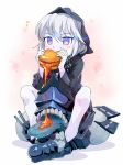  1girl akama_zenta eating food hamburger hooded_jacket kantai_collection musical_note open_mouth re-class_battleship scarf shinkaisei-kan simple_background sitting solo teeth tongue tongue_out white_background white_hair white_skin 