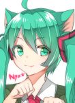  1girl :3 ahoge animal_ears cat_ears fang green_eyes green_hair hatsune_miku highres paw_pose solo twintails vocaloid white_background yuru_mame 