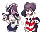  2girls alternate_hairstyle bare_shoulders black_hair blue_skin blush breast_squeeze breasts cleavage corset cosplay costume_switch cowboy_shot detached_collar detached_sleeves filia_(skullgirls) filia_(skullgirls)_(cosplay) hair_twirling hand_on_hip hat large_breasts leviathan_(skullgirls) long_hair multiple_girls ng_(kimjae737) pale_skin samson_(skullgirls) school_uniform side_ponytail skirt skull skullgirls smile squigly_(skullgirls) squigly_(skullgirls)_(cosplay) stitched_mouth striped_sleeves thigh-highs v_arms white_background zettai_ryouiki 
