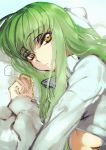  1girl breasts c.c. code_geass creayus green_hair long_hair looking_at_viewer pillow solo under_boob yellow_eyes 