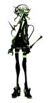  1girl abstract black_legwear dark_persona dress_shirt frown goggles goggles_on_head green green_eyes green_hair gumi highres holding_weapon kiku_(kicdoc) monochrome shirt short_hair simple_background solo squinting vocaloid weapon white_background 