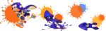  1girl 3: 3:&lt; bike_shorts blue_eyes blue_hair domino_mask double_vertical_stripe highres holding inkling leaning_forward long_hair mask official_art paint paint_splatter pointy_ears running shoes simple_background sneakers splatoon squid tentacle_hair transformation white_background 