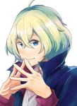  1boy ahoge blue_eyes blue_hair fingers_together freecell_(phi_brain) hair_between_eyes looking_at_viewer phi_brain_puzzle_of_god short_hair smile solo 