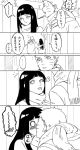  1boy 1girl black_hair blush comic couple hetero hyuuga_hinata kiss kumoko_(supermoichan) long_hair monochrome naruto scarf short_hair tongue tongue_out translated uzumaki_naruto 