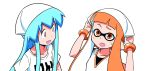  2girls :d absurdres adjusting_clothes adjusting_hat anbe_masahiro blue_hair clothes_writing cosplay crossover hat highres ikamusume ikamusume_(cosplay) inkling long_hair multiple_girls official_art open_mouth orange_eyes orange_hair pointy_ears shinryaku!_ikamusume shirt simple_background smile splatoon t-shirt trait_connection upper_body white_background white_shirt 