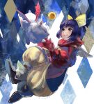  1girl abstract_background baggy_pants bow eiko_carol final_fantasy final_fantasy_ix floating gloves green_eyes hair_bow horn moogle pants puffy_sleeves purple_hair sasumata_jirou short_hair smile wings 