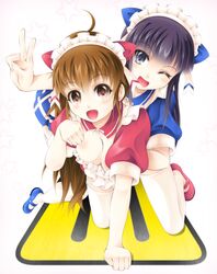  boldcats breasts brown_hair cleavage highres long_hair open_mouth ponytail purple_hair skirt taneshima_popura violet_eyes waitress working!! yamada_aoi 