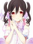  1girl bare_shoulders black_hair chisumi hands_clasped highres looking_at_viewer love_live!_school_idol_festival love_live!_school_idol_project microphone red_eyes smile solo twintails upper_body yazawa_nico 