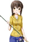  1girl alternate_costume ame. brown_hair casual collarbone fishing_rod fubuki_(kantai_collection) head_tilt holding hoodie kantai_collection low_ponytail open_mouth simple_background smile solo white_background yellow_eyes 