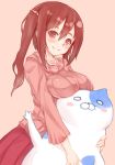 1girl blush breasts brown_eyes brown_hair ebina_nana eichan_(eichanidfi) highres himouto!_umaru-chan large_breasts long_hair looking_at_viewer skirt smile solo stuffed_animal stuffed_cat stuffed_toy twintails 