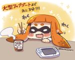  1girl :d blush chopsticks collared_shirt domino_mask game_console hat inkling long_hair mask open_mouth orange_hair pointy_ears reimu9 shirt smile solo sparkle splatoon squid tentacle_hair translation_request twitter_username wavy_mouth wii_u 
