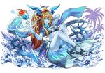  1girl bikini blue_bikini blue_eyes blue_scarf blue_skin breasts cleavage demon_girl demon_horns full_body hera-is_(p&amp;d) horns long_hair orange_hair puzzle_&amp;_dragons scarf simple_background solo swimsuit white_background youichi 