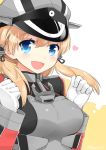  1girl :d blonde_hair blue_eyes breasts gloves hat heart kamoto_tatsuya kantai_collection looking_at_viewer open_mouth peaked_cap prinz_eugen_(kantai_collection) smile solo twintails twitter_username white_gloves 