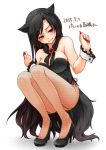  1girl animal_ears bent_knees breasts brooch brown_hair bunnysuit fang_out fingernails fishnet_pantyhose fishnets high_heels imaizumi_kagerou jewelry long_hair looking_at_viewer monrooru off_shoulder pantyhose red_eyes solo tail touhou very_long_hair wolf_ears wolf_tail 