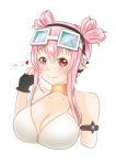  1girl aki_sakura bare_shoulders bespectacled bikini blush breasts cleavage double_bun fingerless_gloves glasses glasses_on_head gloves headphones heart highres large_breasts looking_at_viewer nitroplus pink_hair red_eyes smile solo super_sonico swimsuit upper_body 