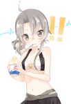  !! 1girl absurdres ahoge asymmetrical_hair bangs bare_shoulders bikini blush brain_freeze flipped_hair grey_eyes highres kantai_collection looking_at_viewer navel nowaki_(kantai_collection) orqz shaved_ice silver_hair simple_background solo spoon_in_mouth swept_bangs swimsuit upper_body white_background 