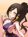  1girl bare_shoulders blush breasts brown_hair cleavage dress earrings floral_print from_side himo idolmaster idolmaster_cinderella_girls jewelry large_breasts long_hair looking_at_viewer mukai_takumi ponytail purple_dress smile solo yellow_eyes 