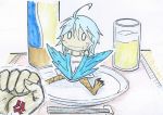  1girl ahoge anger_vein blank_eyes blue_hair blue_wings chopsticks dress feathered_wings minigirl monster_musume_no_iru_nichijou papi_(monster_musume) plate sakamoto_fez sitting_on_object sketch solo_focus sweatdrop talons traditional_media trembling white_dress wings 