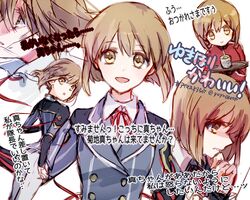  1girl :&gt; blush_stickers brown_eyes brown_hair cosplay cup gym_uniform hagiwara_yukiho horikawa_kunihiro horikawa_kunihiro_(cosplay) idolmaster open_mouth short_hair smile tears touken_ranbu translation_request tray yuyu_(yuyurhythm) 