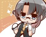  1girl asymmetrical_hair bangs bespectacled bloom2425 check_translation chibi commentary_request flipped_hair glasses gloves grey_eyes kantai_collection looking_at_viewer necktie nowaki_(kantai_collection) pointer riding_crop rimless_glasses school_uniform short_hair short_sleeves silver_hair solo sparkle swept_bangs translation_request twitter_username vest white_gloves 