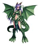  1girl animal_ears claws dragon_(monster_girl_encyclopedia) dragon_girl hand_on_hip horns kenkou_cross long_hair looking_at_viewer midriff monster_girl monster_girl_encyclopedia navel paws purple_hair scales simple_background solo standing tail white_background wings yellow_eyes 