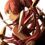  1girl bare_shoulders detached_sleeves from_above lemontea long_hair magical_girl mahou_shoujo_madoka_magica mouth_hold pocky polearm ponytail red_eyes redhead sakura_kyouko smile solo spear weapon 