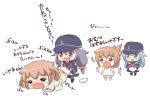 4girls akatsuki_(kantai_collection) alternate_costume alternate_hairstyle anchor_symbol ass black_hair blue_eyes brown_hair closed_eyes commentary_request crying diaper fang flat_cap folded_ponytail hair_ornament hair_ribbon hairclip hat hibiki_(kantai_collection) ikazuchi_(kantai_collection) inazuma_(kantai_collection) kantai_collection kotanuki_329 long_hair long_sleeves multiple_girls neckerchief ponytail red_ribbon ribbon sailor_collar sailor_dress short_hair silver_hair simple_background tears translated tress_ribbon wavy_mouth white_background younger 