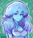  1girl :&lt; akairiot blue_hair blue_skin jellyfish looking_at_viewer low_twintails monster_girl original personification red_eyes sketch solo twintails underwater 