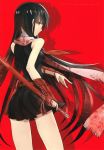  1girl akame akame_ga_kill! black_hair from_behind katana long_hair looking_at_viewer necktie red_background red_eyes scarf skirt solo sword very_long_hair weapon 