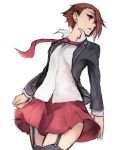  1girl futase_fumio garter_straps hair_over_one_eye jonasan parted_lips pleated_skirt redhead school_uniform short_hair simple_background skirt solo thigh-highs white_background wixoss 