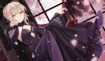  1girl blonde_hair breasts chin_rest cleavage dark_persona dress dutch_angle fate/stay_night fate_(series) high_heels looking_at_viewer saber saber_alter serious sitting solo sword weapon window yellow_eyes yuzuki_karu 