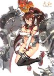  1girl bare_shoulders black_legwear blush breasts brown_eyes brown_hair character_name cherry_blossoms covering covering_breasts detached_sleeves flower gou_(ga673899) hair_flower hair_ornament headgear kantai_collection large_breasts long_hair looking_at_viewer navel one_eye_closed ponytail single_thighhigh tears thigh-highs torn_clothes umbrella yamato_(kantai_collection) 