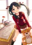  1girl belt black_hair blue_eyes blush book breasts hair_ribbon heart heart_eyes holding kantai_collection kneehighs long_hair looking_at_viewer mikuma_(kantai_collection) open_mouth ribbon skirt solo stuffed_animal stuffed_toy teddy_bear twintails youqiniang 